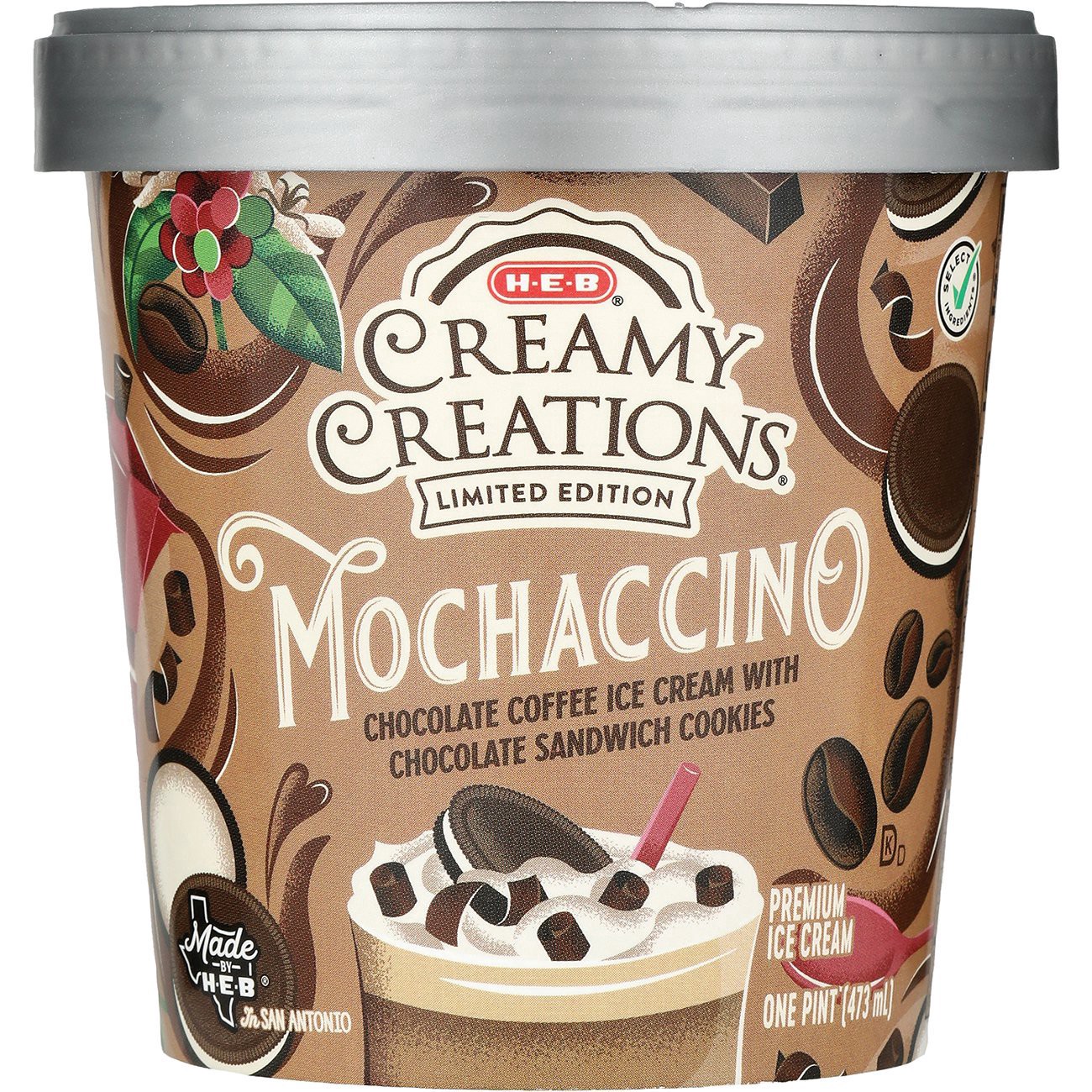 slide 1 of 1, H-E-B Creamy Creations Mochaccino Ice Cream, 1 pint