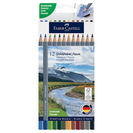 slide 1 of 6, Faber-Castell Goldfaber Aqua 12 Color Landscape Watercolor Pencil Set, 3.3 mm