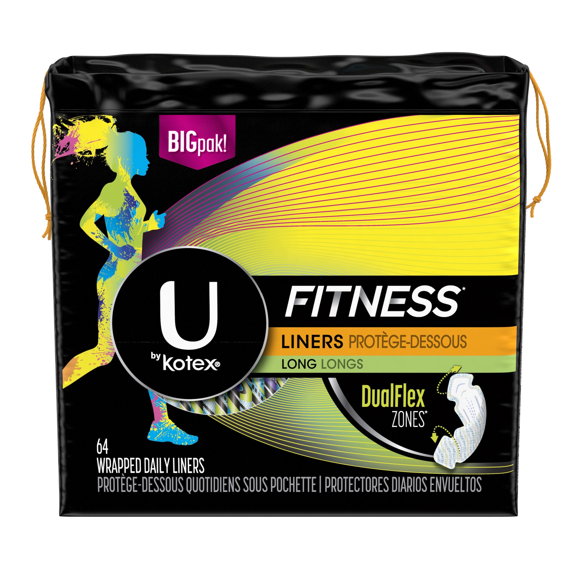 slide 1 of 3, U by Kotex Fitness Panty Liners, Light Absorbency, Long, Fragrance-Free, 64 Count, 64 ct