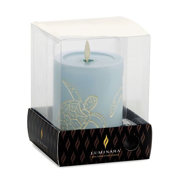 slide 3 of 3, Luminara Moving Flame Blue Turtle Real-Flame Effect Pillar Candle, 4.5 in