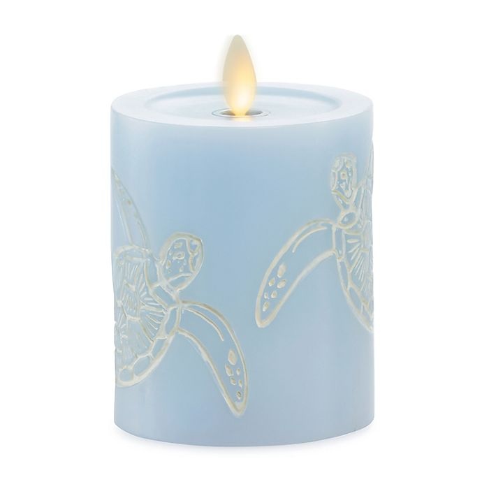 slide 1 of 3, Luminara Moving Flame Blue Turtle Real-Flame Effect Pillar Candle, 4.5 in