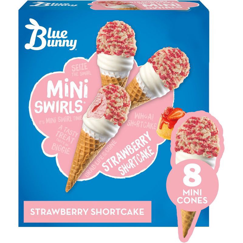 slide 1 of 9, Blue Bunny Mini Swirls Strawberry Shortcake Reduced Fat Ice Cream Cones 8 - 2.3 Fl Oz Cones, 18.40 fl oz