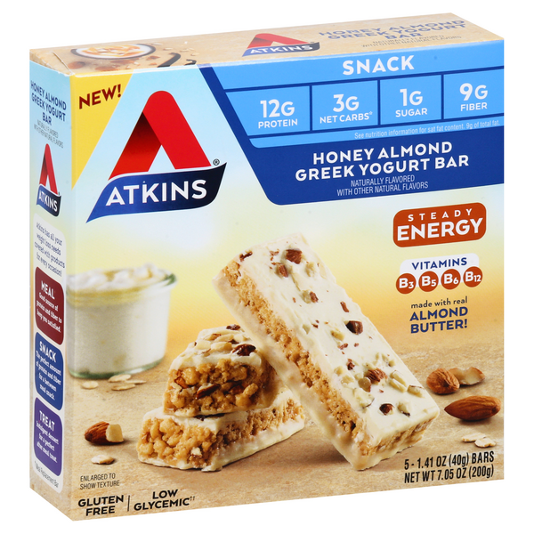 slide 1 of 1, Atkins Honey Almond Greek Yogurt Snack Bars, 5 ct