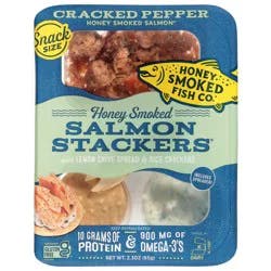 Honey Smoked Fish Co. Honey Smoked Cracked Pepper Salmon Stackers with Lemon Chive Spread & Rice Crackers Snack Size 2.3 oz