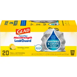 Glad ForceFlex MaxStrength LeakGuard Tall Kitchen Trash Bags, 13 gal, Sunshine Lemon Scent, 20 ct