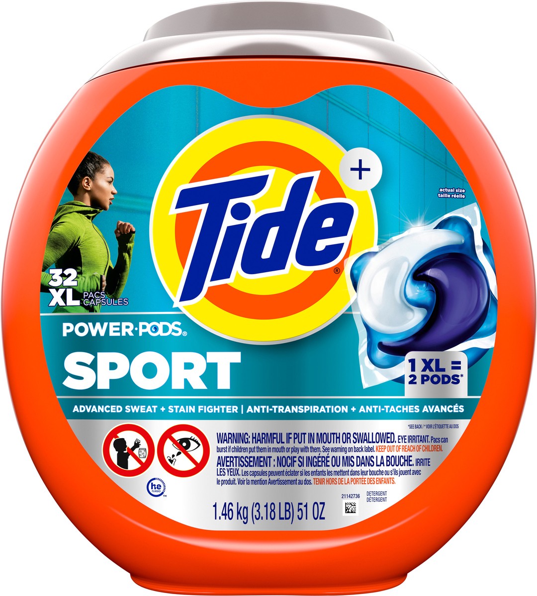 slide 5 of 7, Tide Power Pods Sport Laundry Detergent Pacs, 32 Count, Advanced Sweat + Stain Fighter, 32 ct