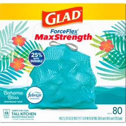 Glad ForceFlex MaxStrength Tall Kitchen Drawstring Trash Bags, 13 Gallon, Bahama Bliss with Febreze Freshness, Teal, 80 Count