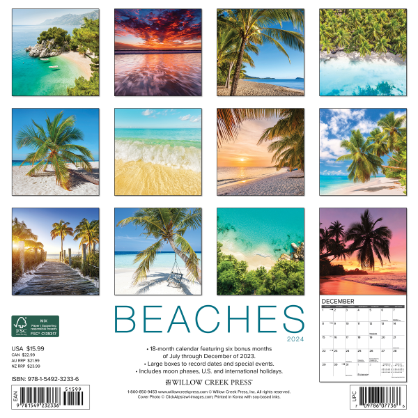slide 2 of 5, Willow Creek Press 2024 Willow Creek Press Monthly Wall Calendars, 12"" X 12"", Beaches, January To December 2024, 1 ct
