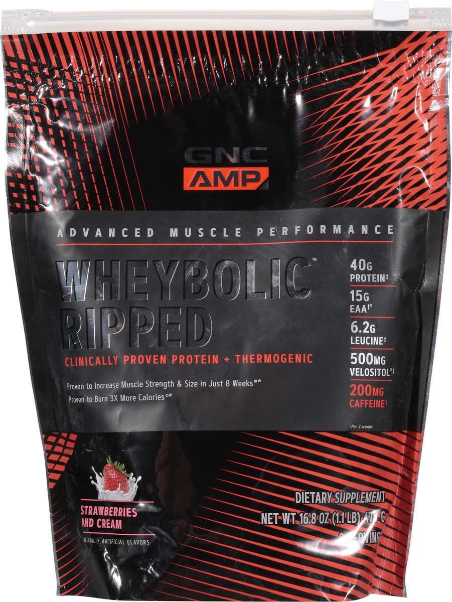 slide 8 of 9, GNC AMP Wheybolic Ripped Strawberries and Cream Whey Protein 16.8 oz, 16.8 oz