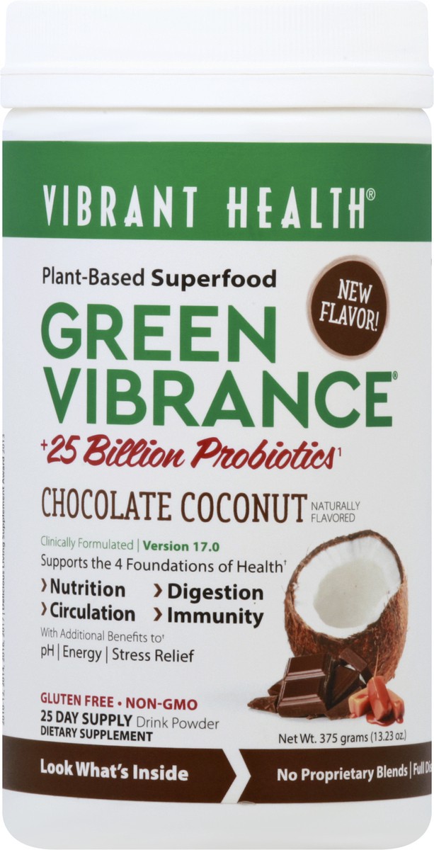 slide 2 of 10, Vibrant Health Green Vibrance Chocolate Coconut Plant-based Superfood Powder, 12.35 oz