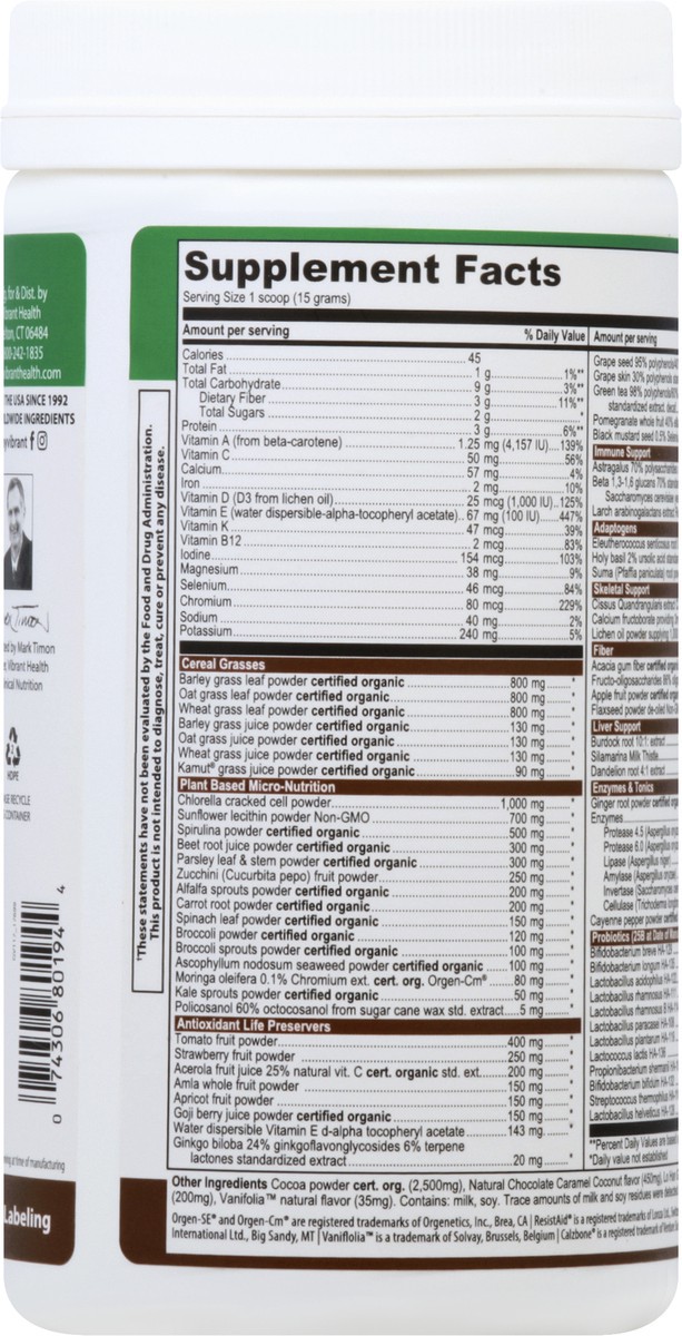 slide 3 of 10, Vibrant Health Green Vibrance Chocolate Coconut Plant-based Superfood Powder, 12.35 oz