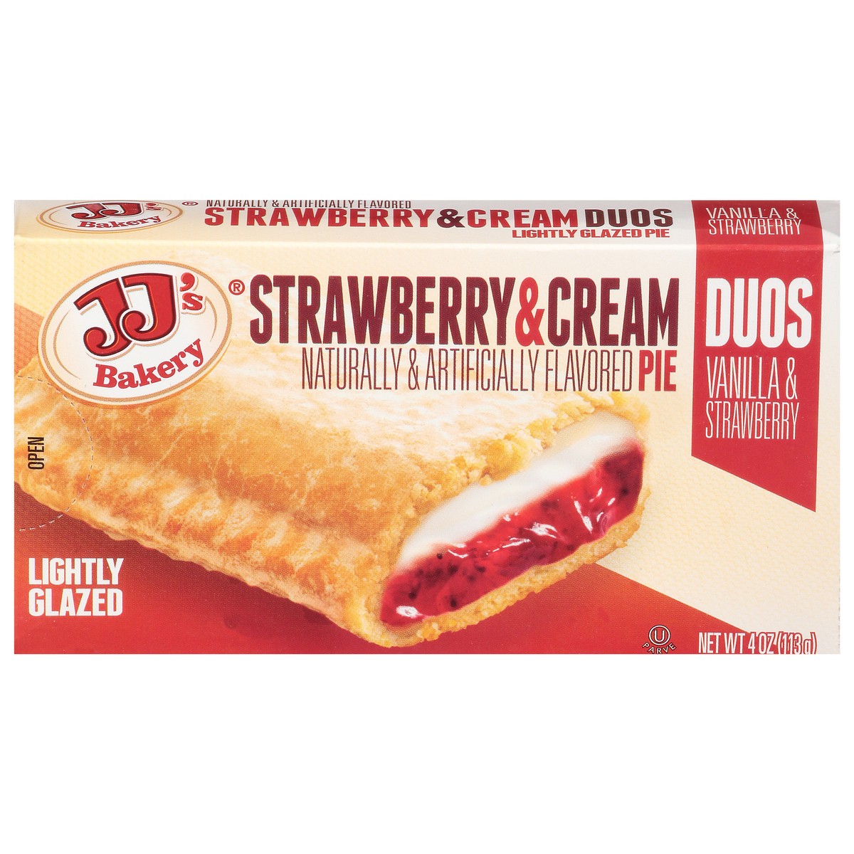slide 1 of 9, JJ's Bakery Lightly Glazed Duos Strawberry & Cream Pie 4 oz, 4 oz
