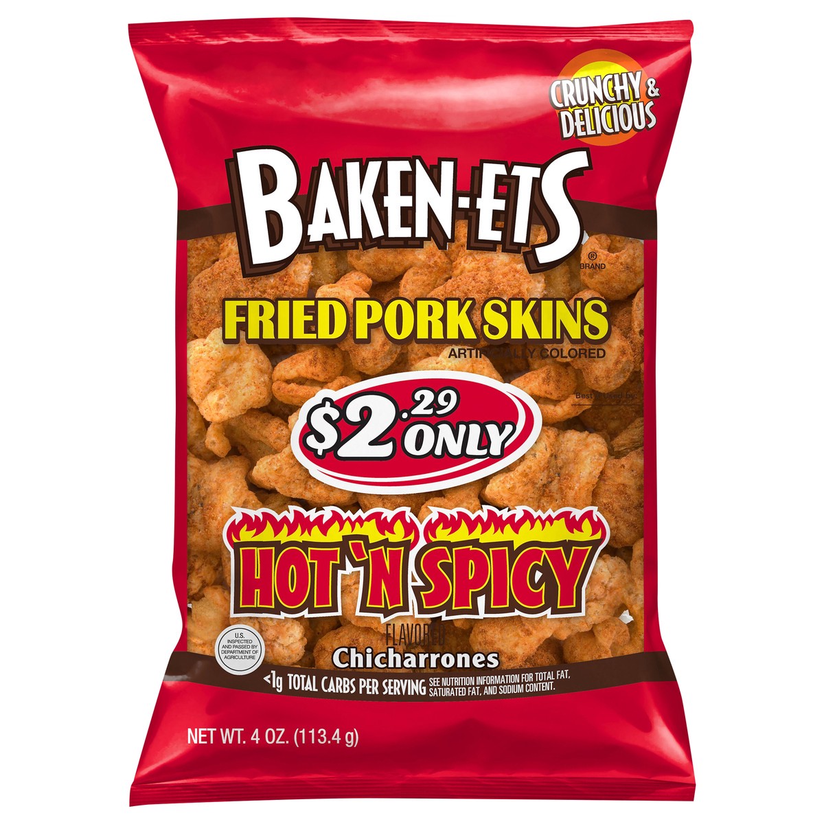 slide 1 of 3, Baken-ets Chicharrones Flavored Fried Pork Skins Hot N Spicy 4 Oz, 4 oz