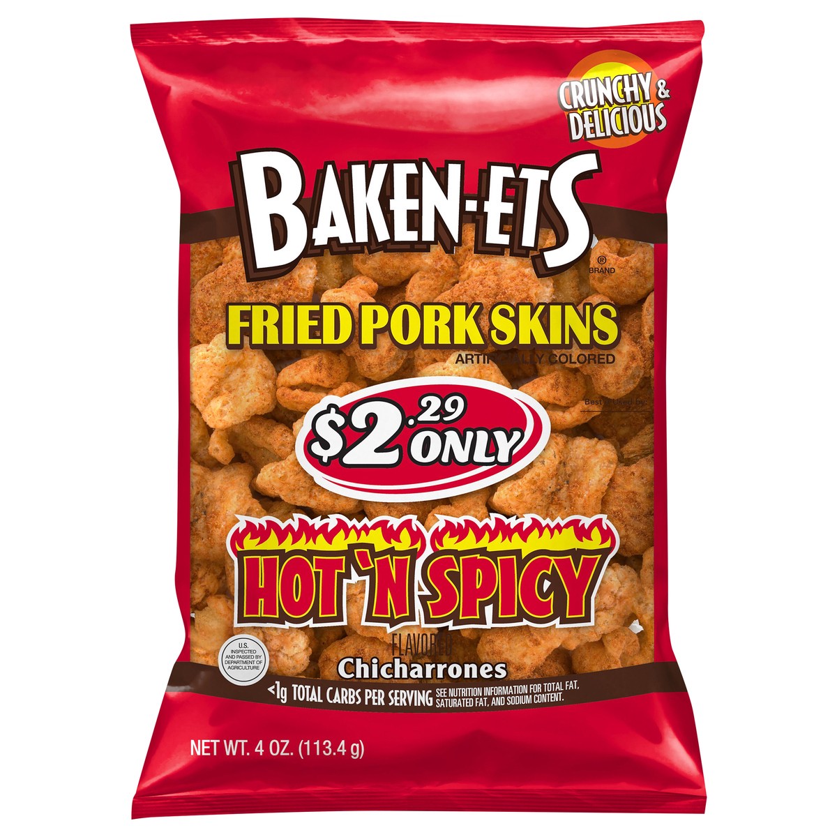 slide 1 of 3, BAKEN-ETS Fried Pork Skins Hot & Spicy Flavor, 4 oz