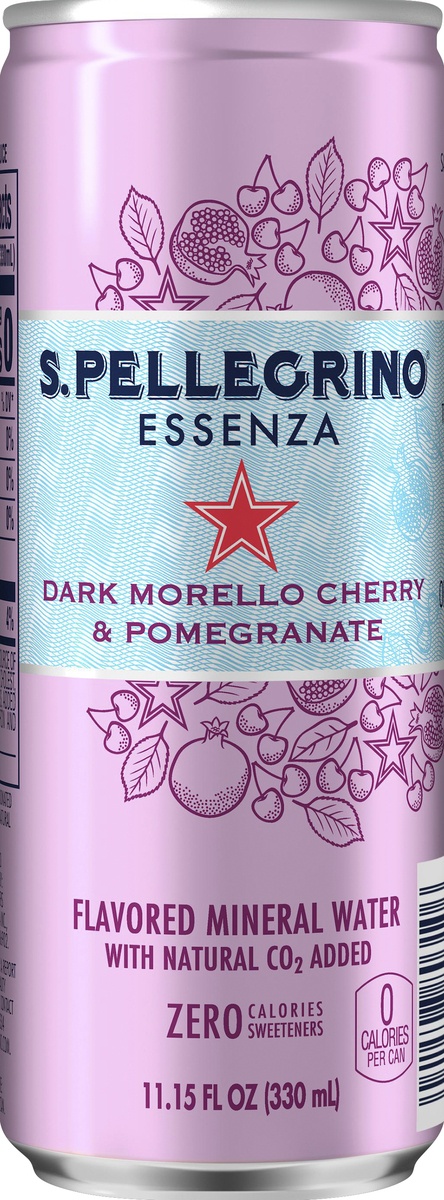 slide 2 of 4, S.Pellegrino Essenza Dark Morello Cherry & Pomegranate Flavored Mineral Water with CO2 Added, 11.15 Fl Oz Can, 11.15 oz