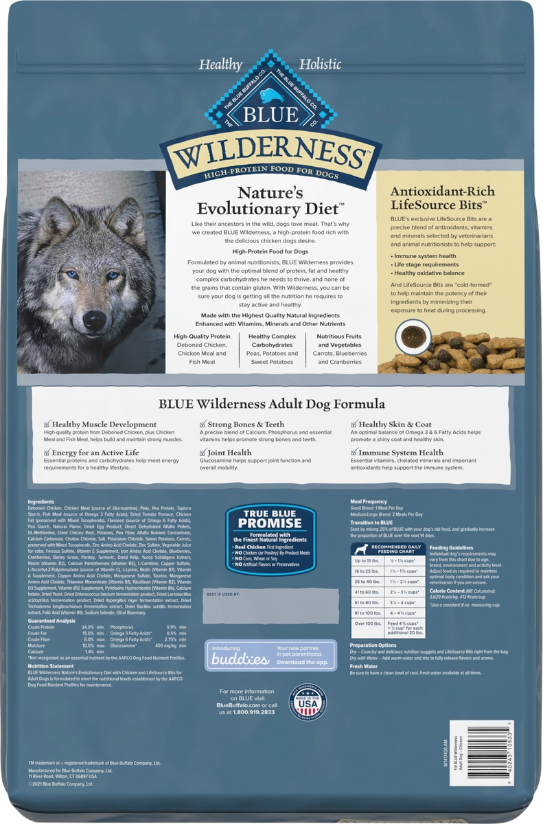 slide 4 of 10, Blue Buffalo Wilderness High Protein, Natural Adult Dry Dog Food, Chicken 11-lb, 11 lb