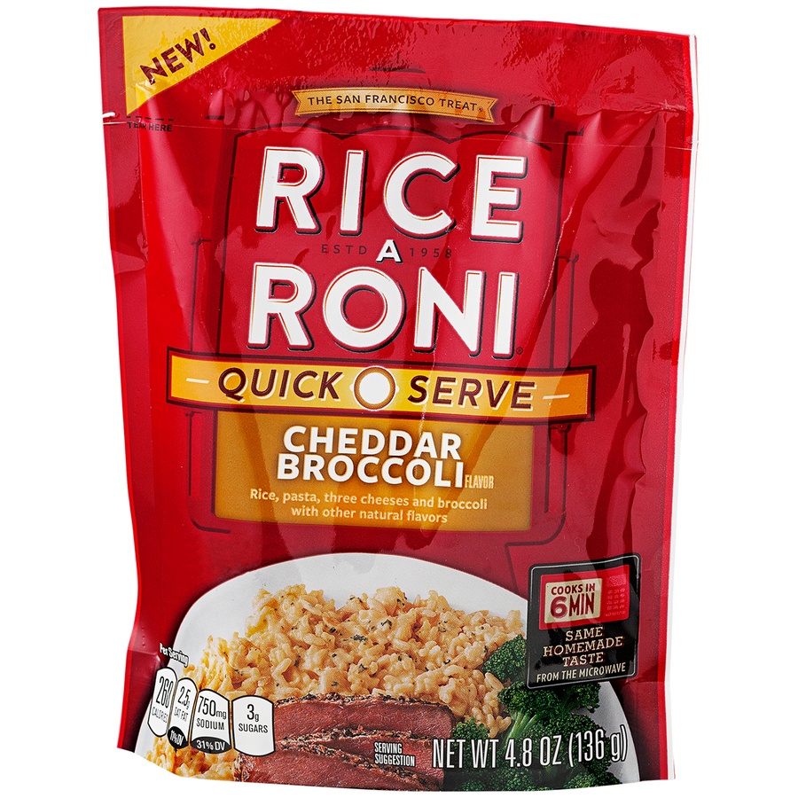 slide 3 of 3, Rice-A-Roni Quick Serve Cheddar Broccoli Flavor 4.8 Ounce Plastic Bag, 4.8 oz