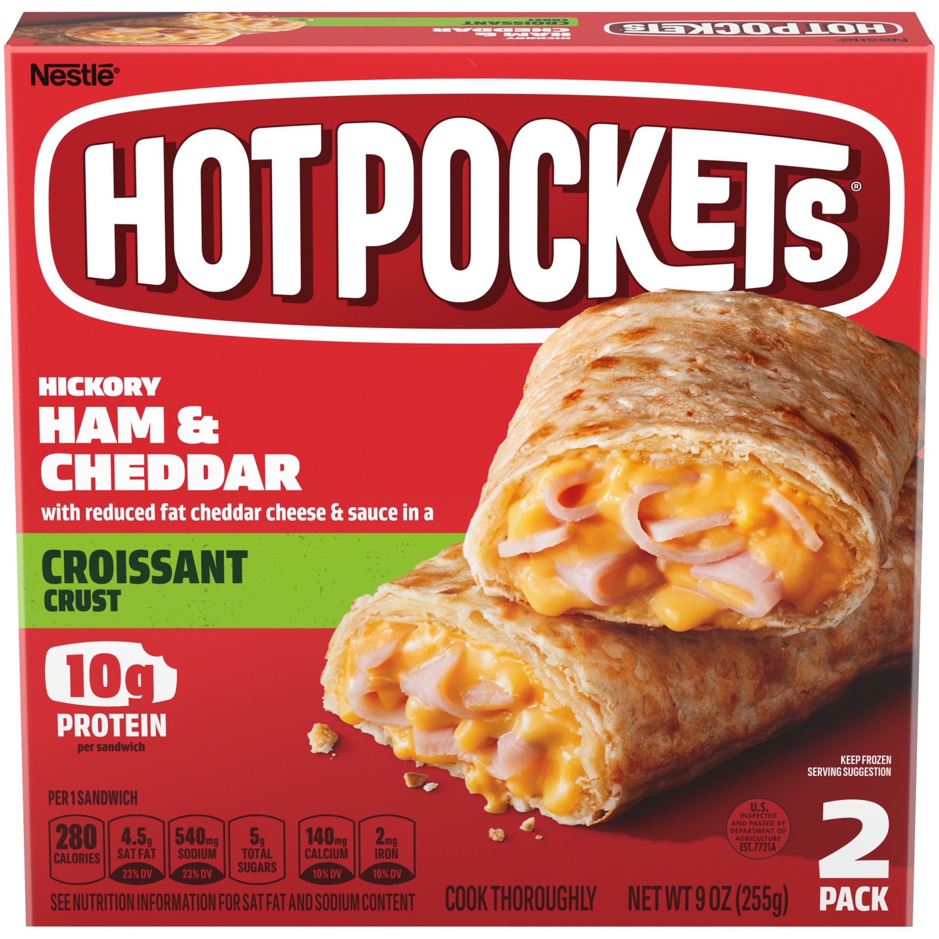 slide 2 of 10, Hot Pockets Hickory Ham & Cheddar Croissant Crust Frozen Snacks, 9 oz