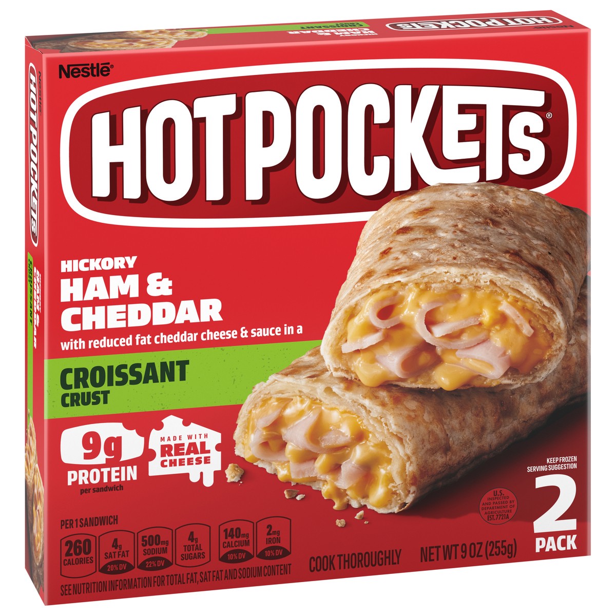 slide 2 of 9, Hot Pockets Hickory Ham & Cheddar Croissant Crust Frozen Snacks, Hot Pockets Made with Real Reduced Fat Cheddar Cheese, 2 Count, 2 ct; 9 oz