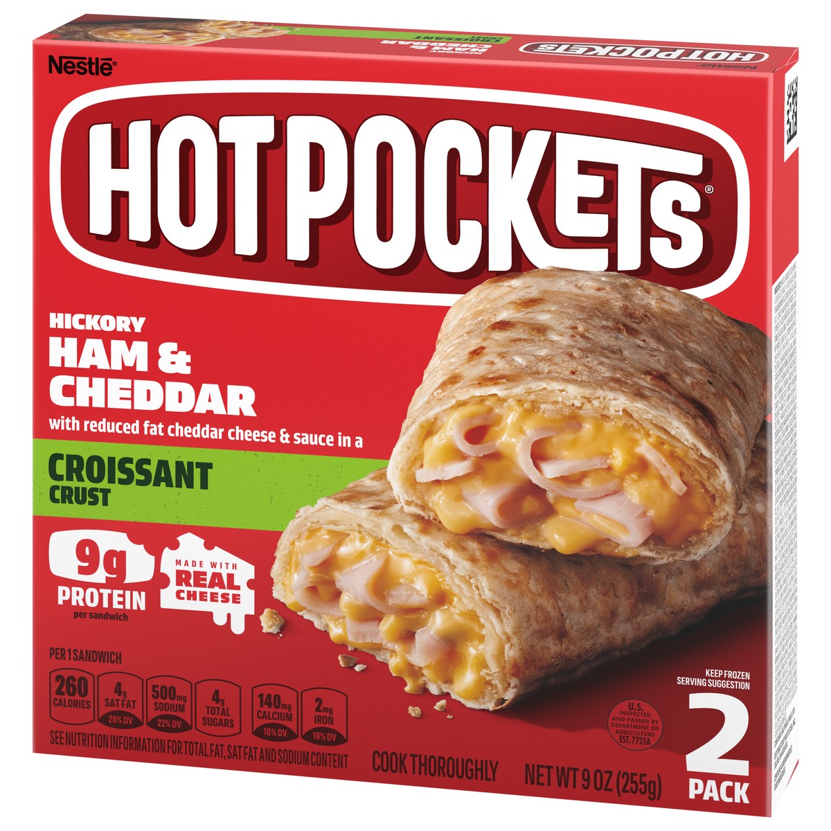 slide 3 of 9, Hot Pockets Hickory Ham & Cheddar Croissant Crust Frozen Snacks, Hot Pockets Made with Real Reduced Fat Cheddar Cheese, 2 Count, 2 ct; 9 oz