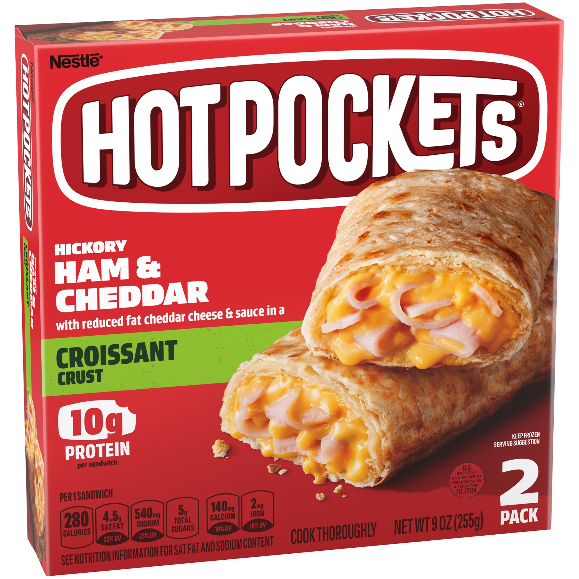 slide 3 of 10, Hot Pockets Hickory Ham & Cheddar Croissant Crust Frozen Snacks, 9 oz