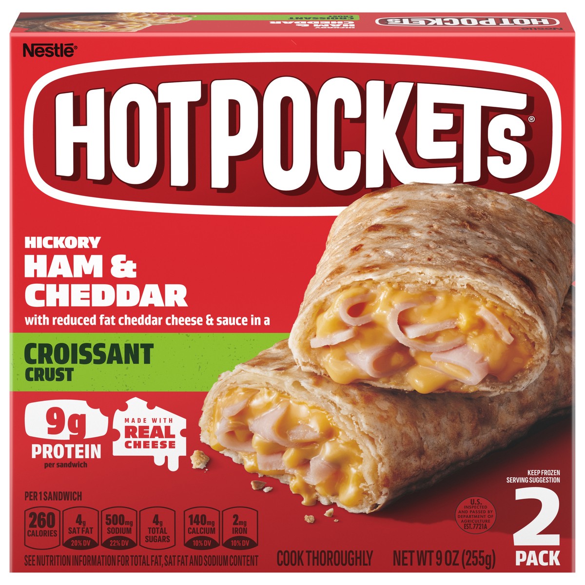 slide 1 of 9, Hot Pockets Hickory Ham & Cheddar Croissant Crust Frozen Snacks, Hot Pockets Made with Real Reduced Fat Cheddar Cheese, 2 Count, 2 ct; 9 oz