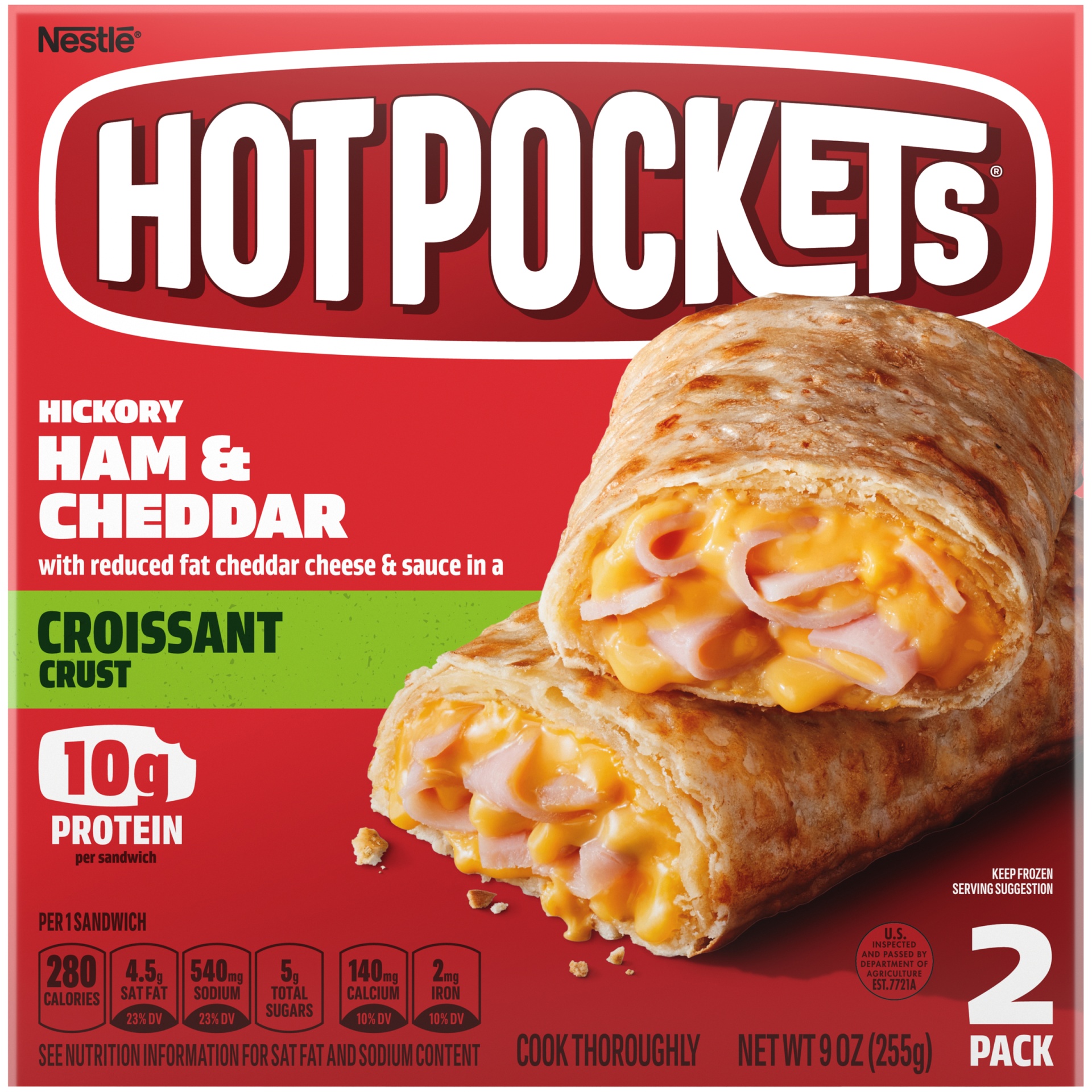 slide 1 of 10, Hot Pockets Hickory Ham & Cheddar Croissant Crust Frozen Snacks, 9 oz