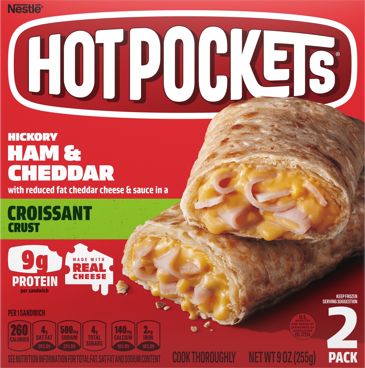 slide 6 of 9, Hot Pockets Hickory Ham & Cheddar Croissant Crust Frozen Snacks, Hot Pockets Made with Real Reduced Fat Cheddar Cheese, 2 Count, 2 ct; 9 oz