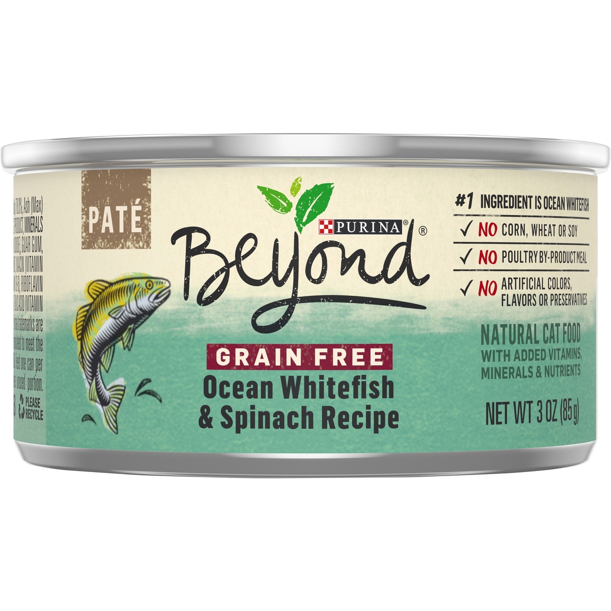 slide 3 of 7, Beyond Purina Beyond Grain Free, Natural Pate Wet Cat Food, Grain Free Ocean Whitefish & Spinach Recipe - 3 oz. Can, 