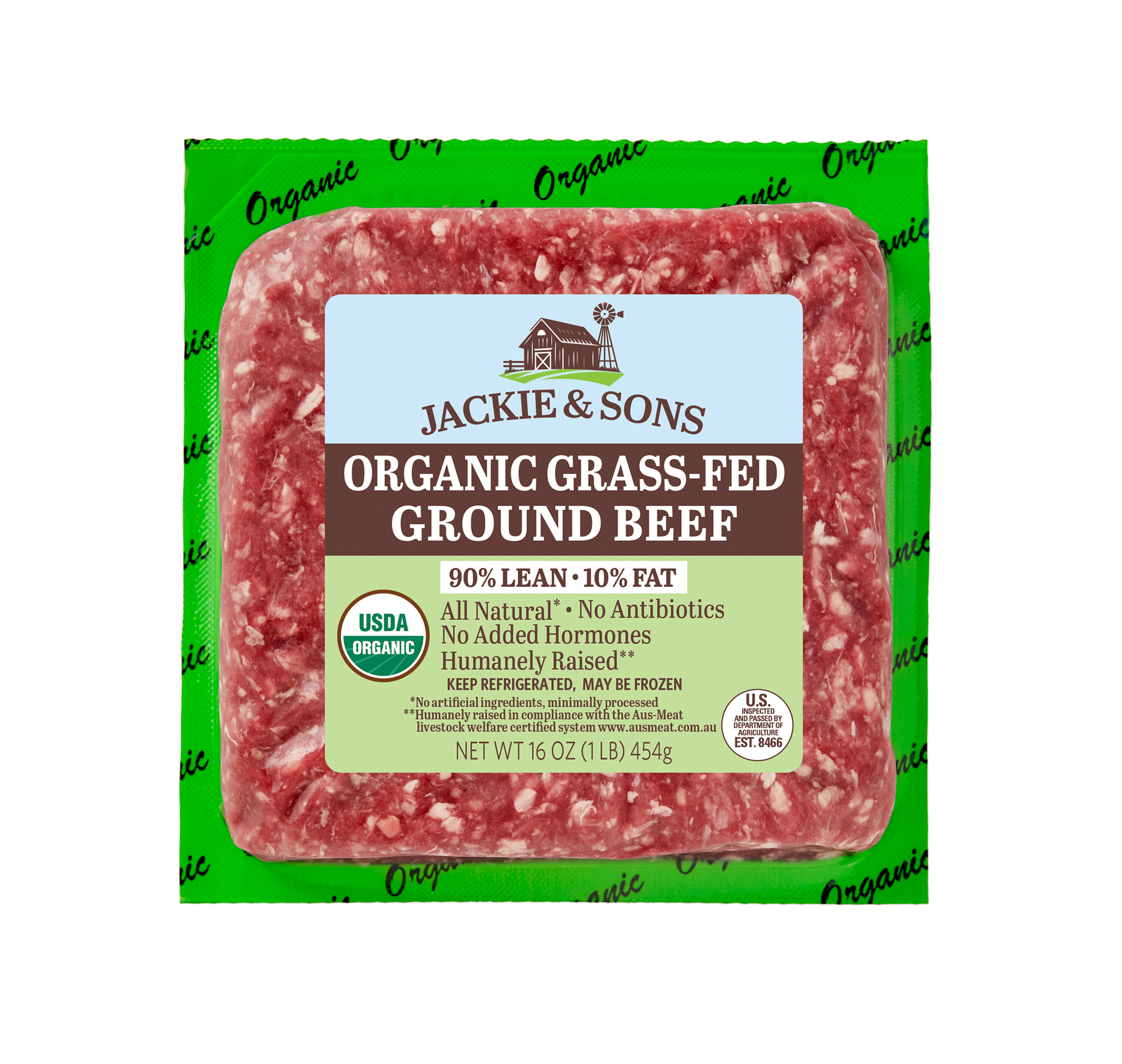 slide 1 of 5, Jackie & Sons Organic Grass-Fed 90%/10% Ground Beef 16 oz, 1 lb