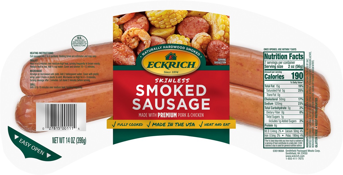 slide 2 of 2, Eckrich Skinless Smoked Sausage, 14 oz, 14 oz