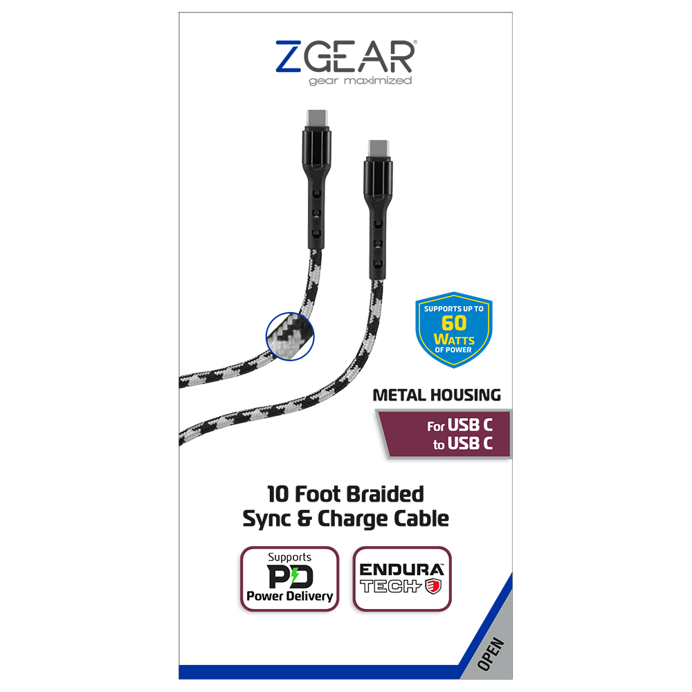 slide 1 of 1, Zgear 10 Foot Braided Sync Charge Cable WhiteBlack, 10 ft
