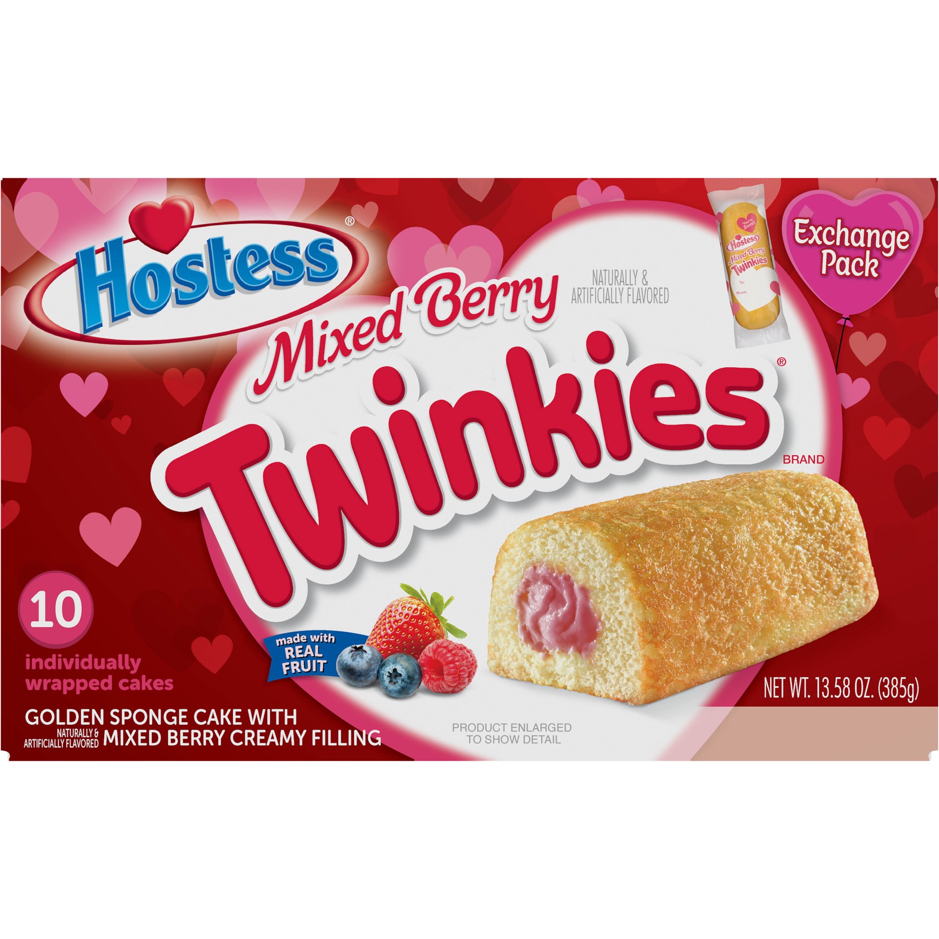 slide 1 of 5, HOSTESS Valentine Mixed Berry TWINKIE Multi-Pack, 10 Count, 13.5 oz, 13.58 oz