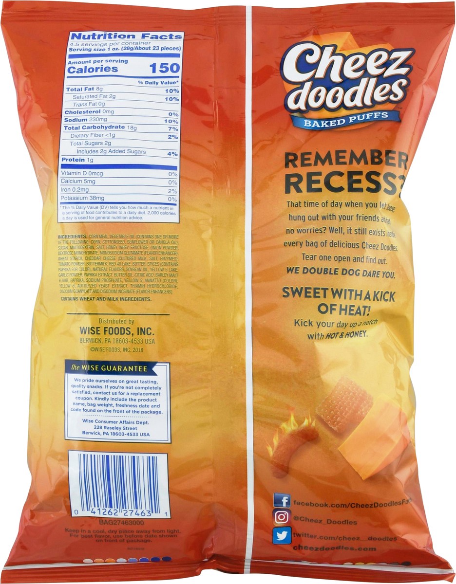 slide 3 of 14, Wise Cheez Doodles Baked Puffs Hot & Honey Cheese Flavored Corn Snacks 4.5 oz, 4.5 oz