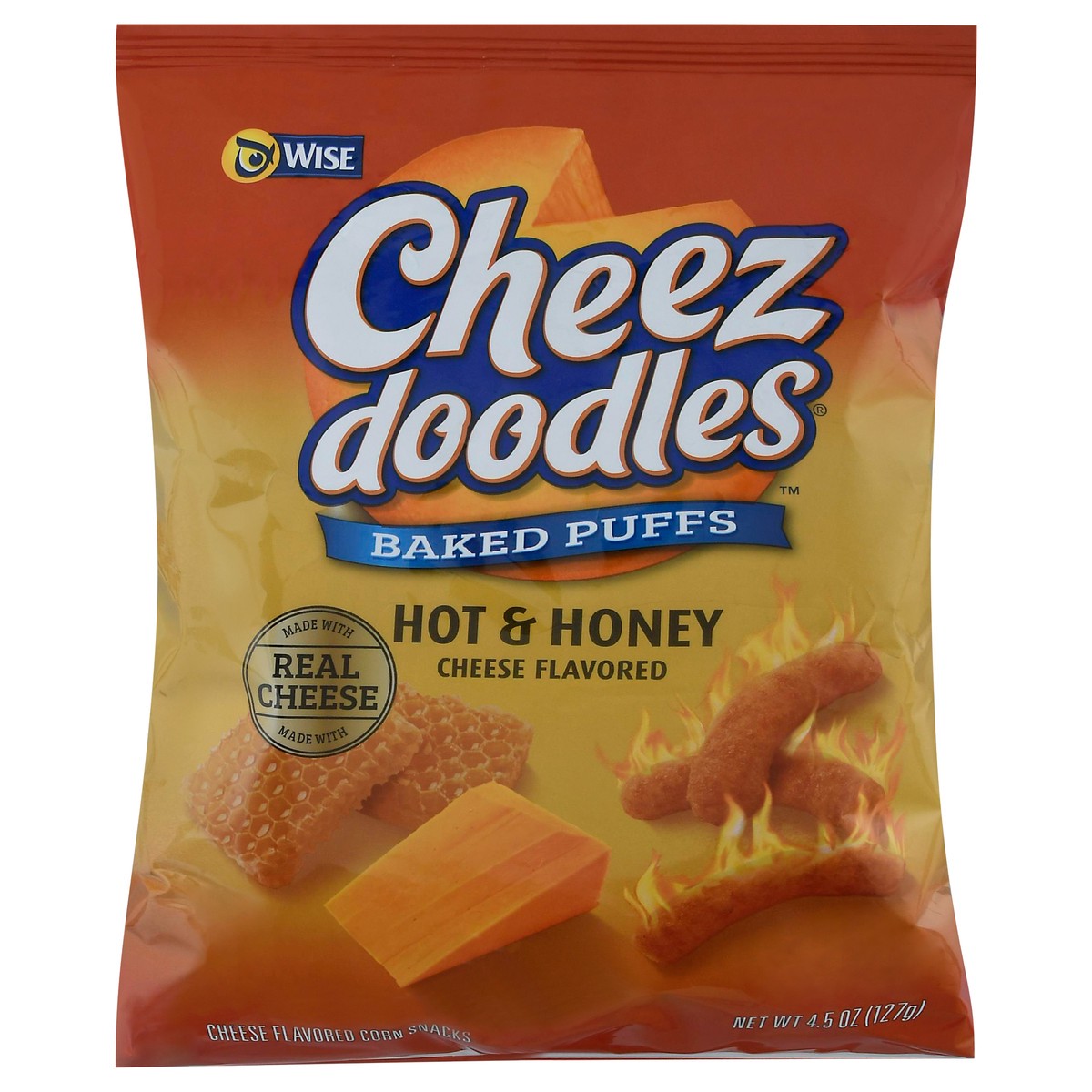 slide 1 of 14, Wise Cheez Doodles Baked Puffs Hot & Honey Cheese Flavored Corn Snacks 4.5 oz, 4.5 oz