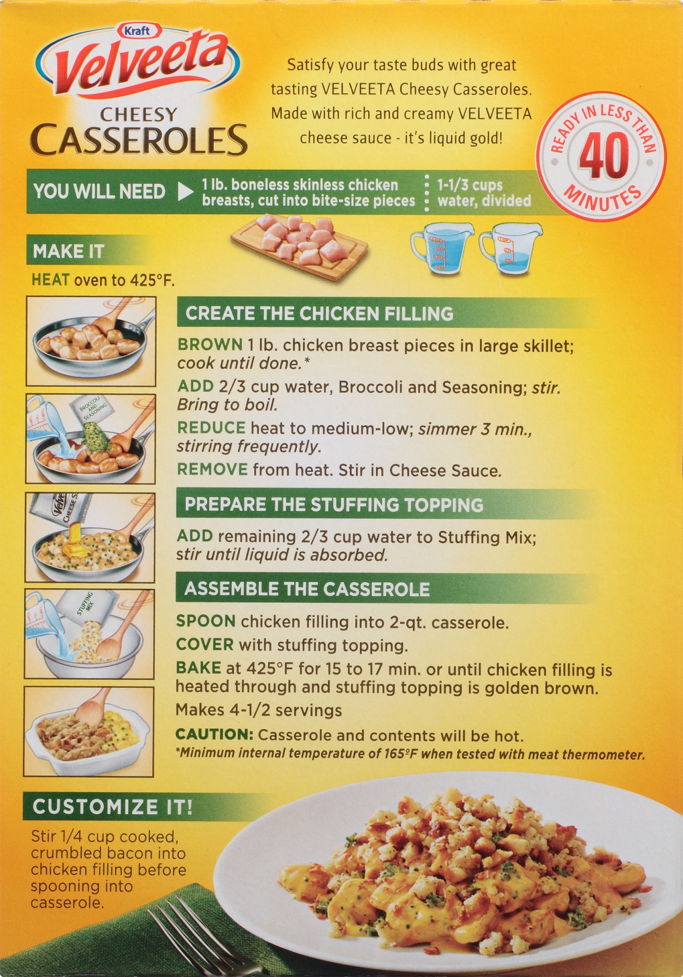 slide 6 of 8, Velveeta Cheesy Casseroles Chicken & Broccoli Bake Dinner Kit, 8.6 oz