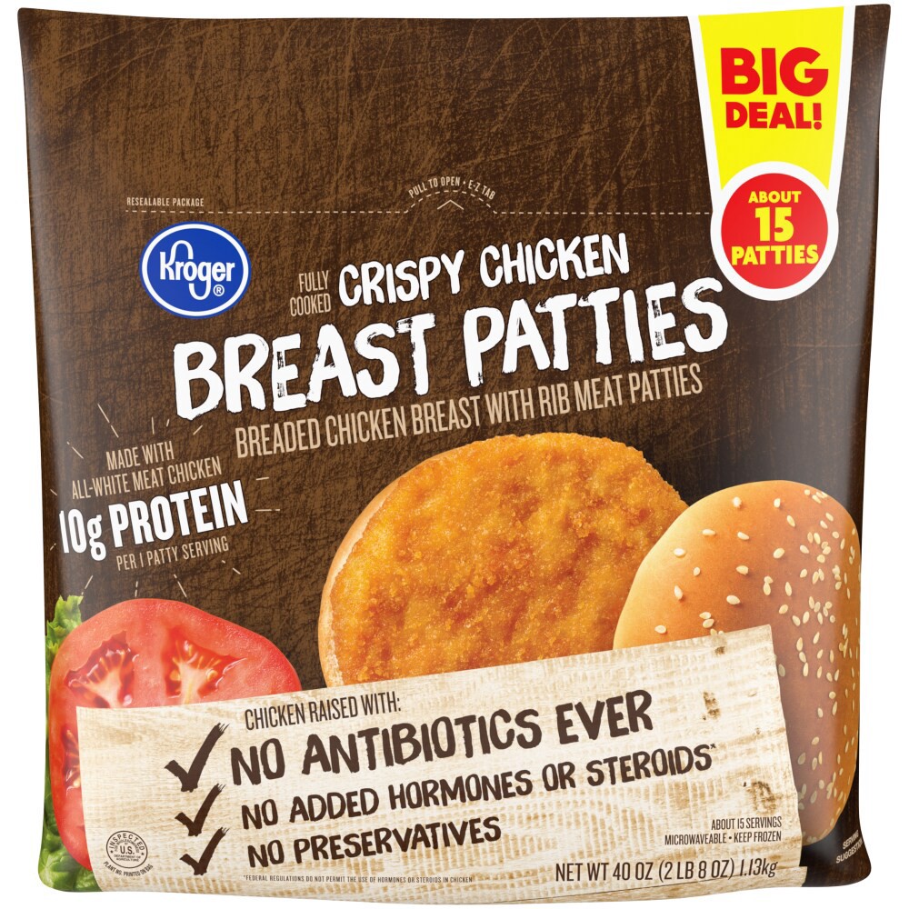 slide 1 of 3, Kroger Fully Cooked Crispy Chicken Breast Patties, 40 oz