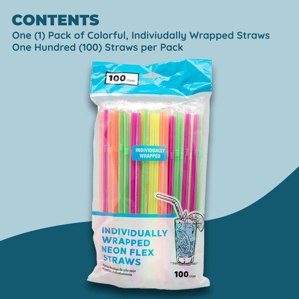slide 6 of 6, Jacent Individually Wrapped Plastic Neon Flex Drinking Straws:, 1 ct