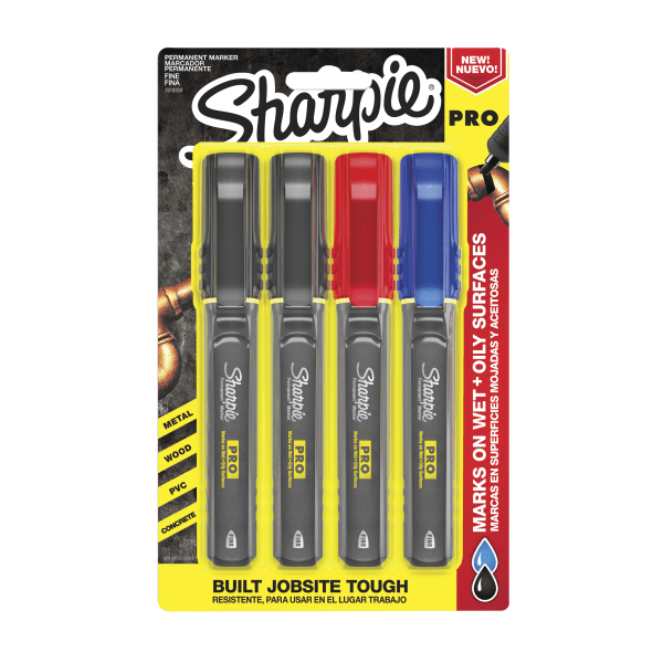 slide 1 of 6, Sharpie Pro Permanent Markers, Fine Point, Black/Gray Barrel, Assorted Ink Colors, Pack Of 4, 4 ct