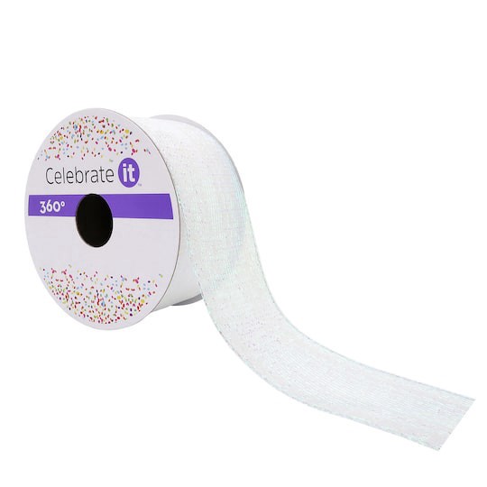 slide 1 of 4, 1.5" X 3yd. White Iridescent Wired Metallic Ribbon By Celebrate It 360°, 1.5 in x 3 yd
