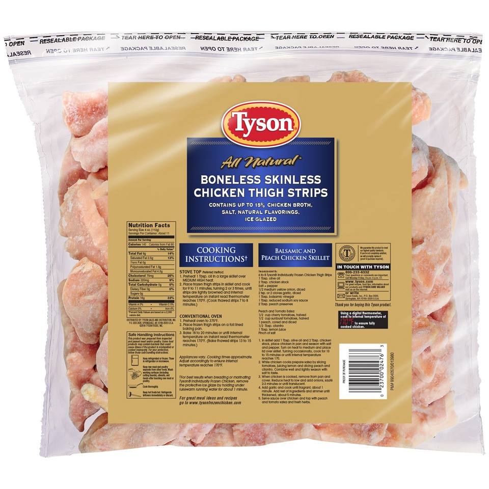 slide 2 of 2, Tyson All Natural Boneless Skinless Chicken Thigh Strips, 43.2 oz