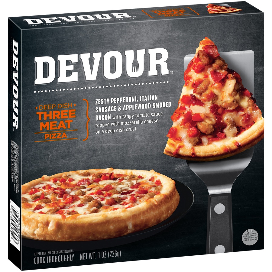 slide 2 of 8, DEVOUR Deep Dish Three Meat Pizza, 8 oz
