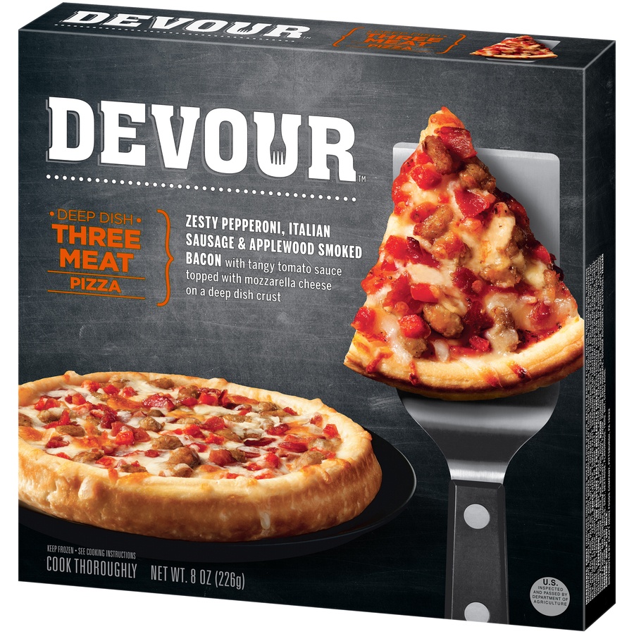 slide 3 of 8, DEVOUR Deep Dish Three Meat Pizza, 8 oz