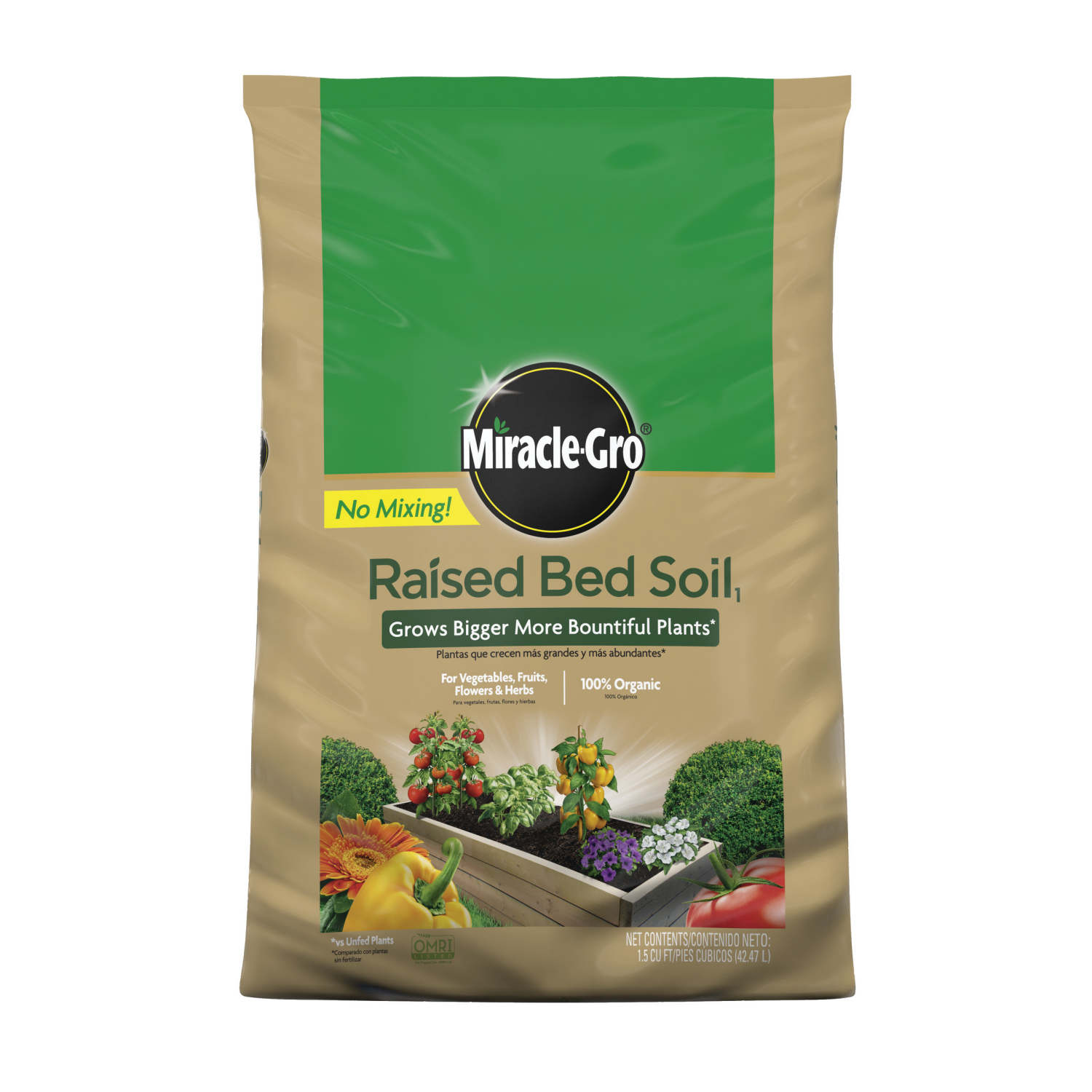 slide 1 of 6, Miracle-Gro 1.5-cu ft Fruit; Flower and Vegetable Organic Raised Bed Soil, 1 ct