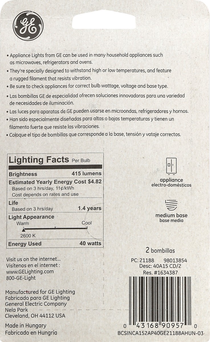 slide 5 of 9, GE Clear Appliance 40 Watts Light Bulbs 2 ea, 2 ct