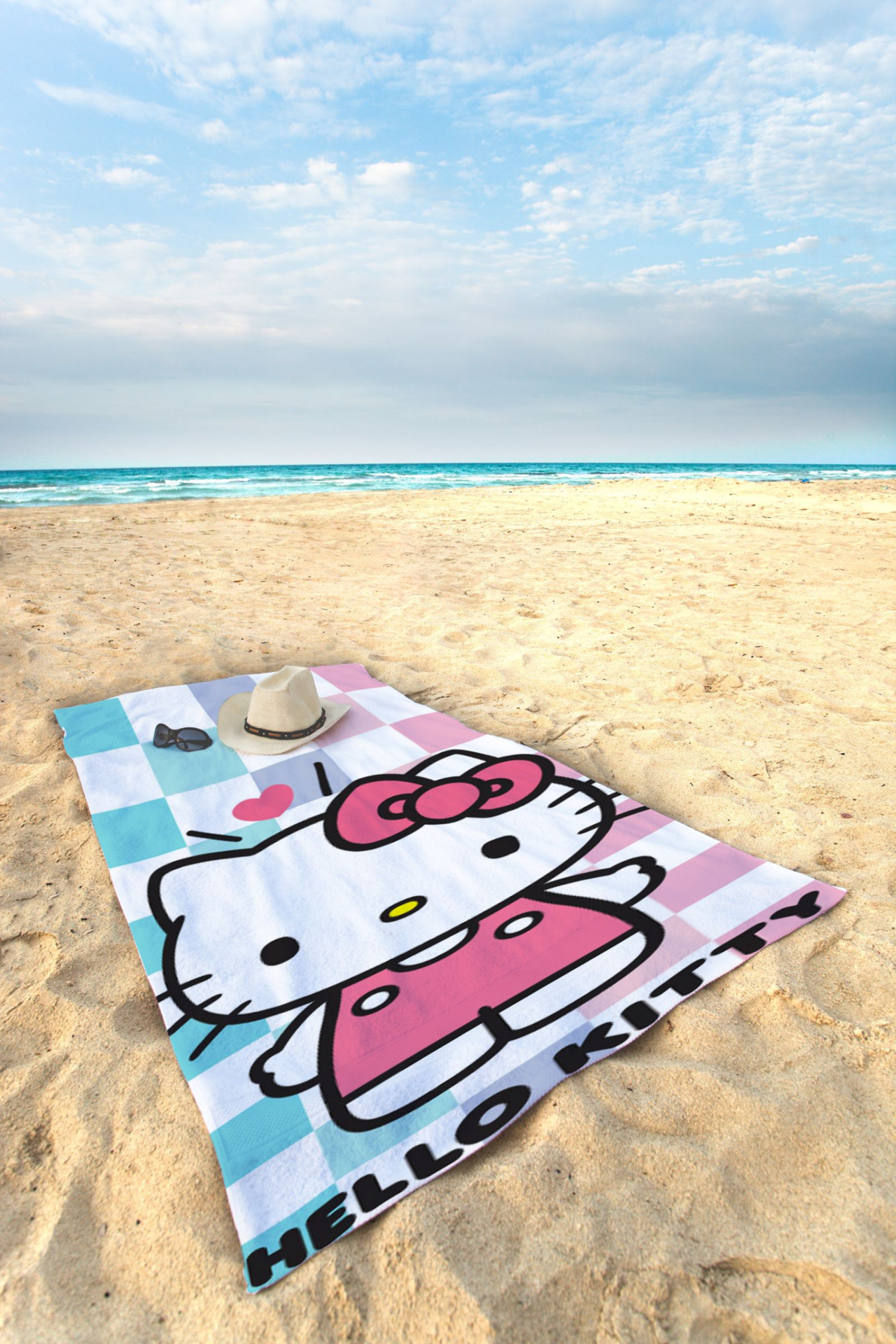 slide 3 of 5, Hello Kitty Blue, Purple, And Pink Checkered Beach Towel 28 X 58, 28 x 58 