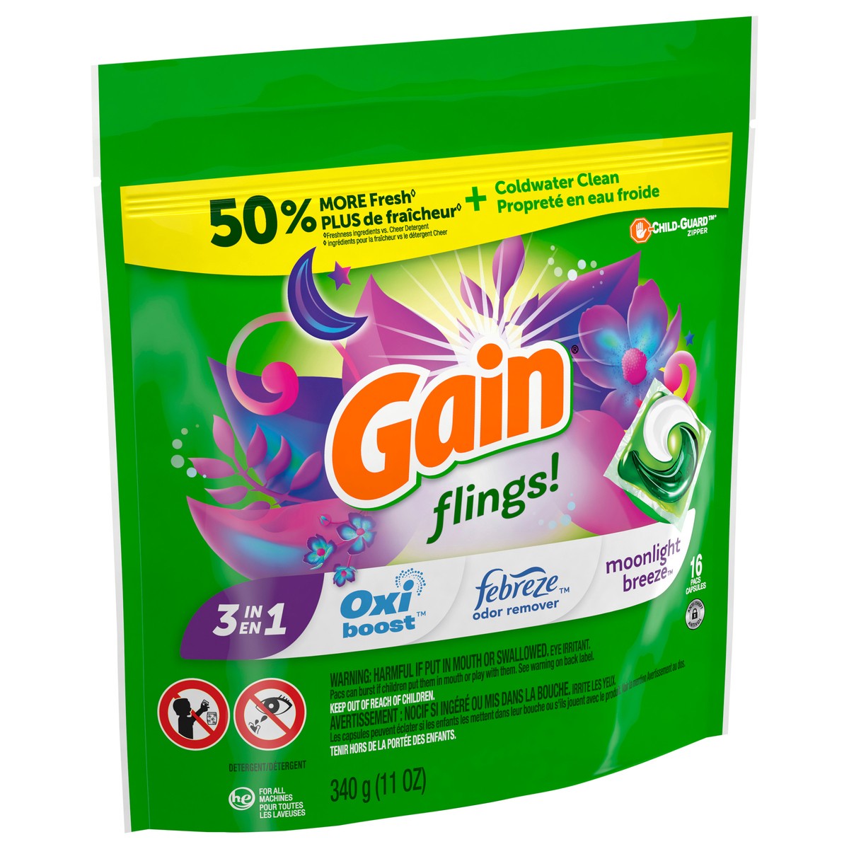 slide 3 of 6, Gain flings! Liquid Laundry Detergent Soap Pacs, HE Compatible, 16 Count, Long Lasting Scent, Moonlight Breeze Scent, 16 ct; 13 oz