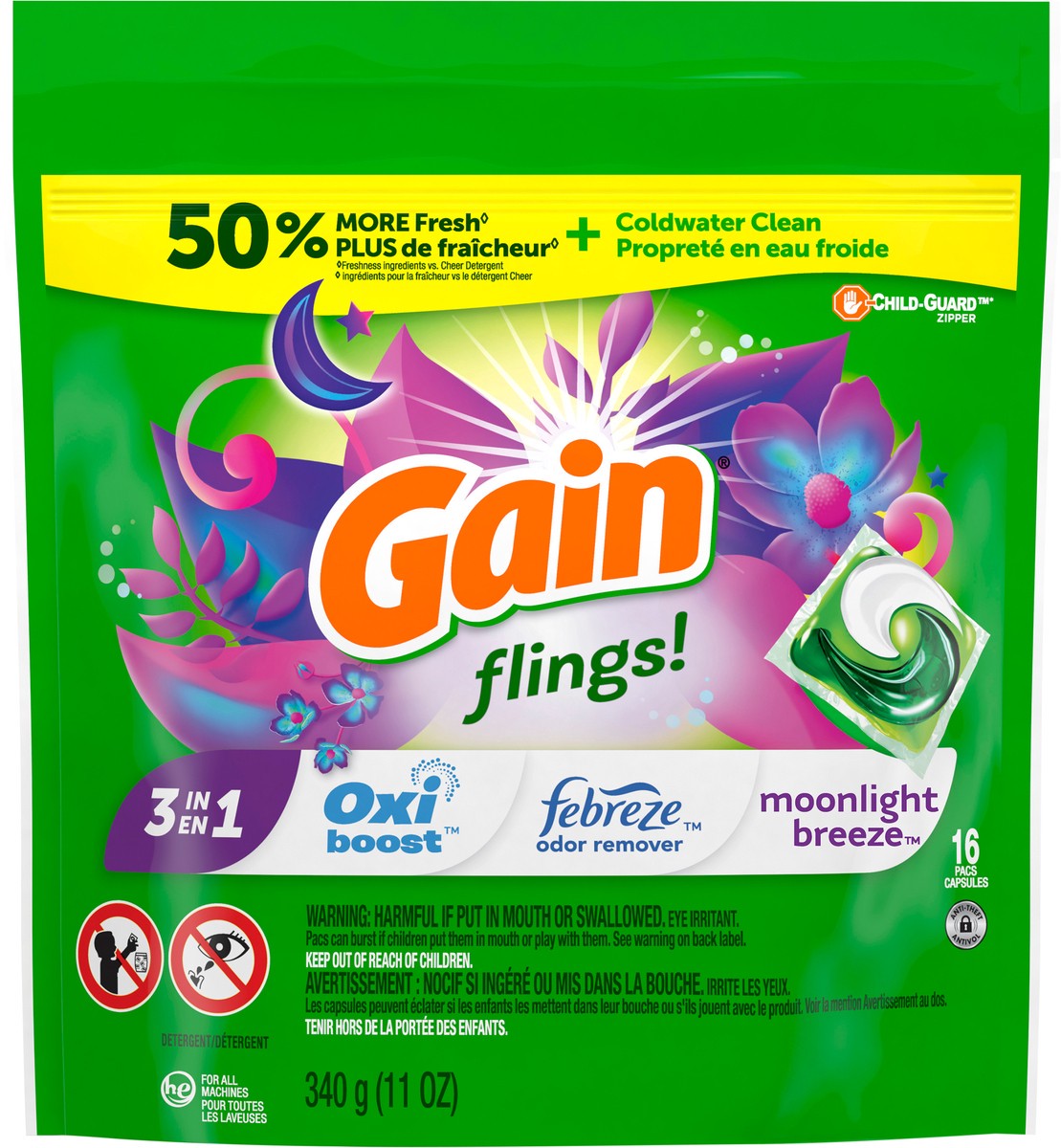 slide 6 of 6, Gain flings! Liquid Laundry Detergent Soap Pacs, HE Compatible, 16 Count, Long Lasting Scent, Moonlight Breeze Scent, 16 ct; 13 oz