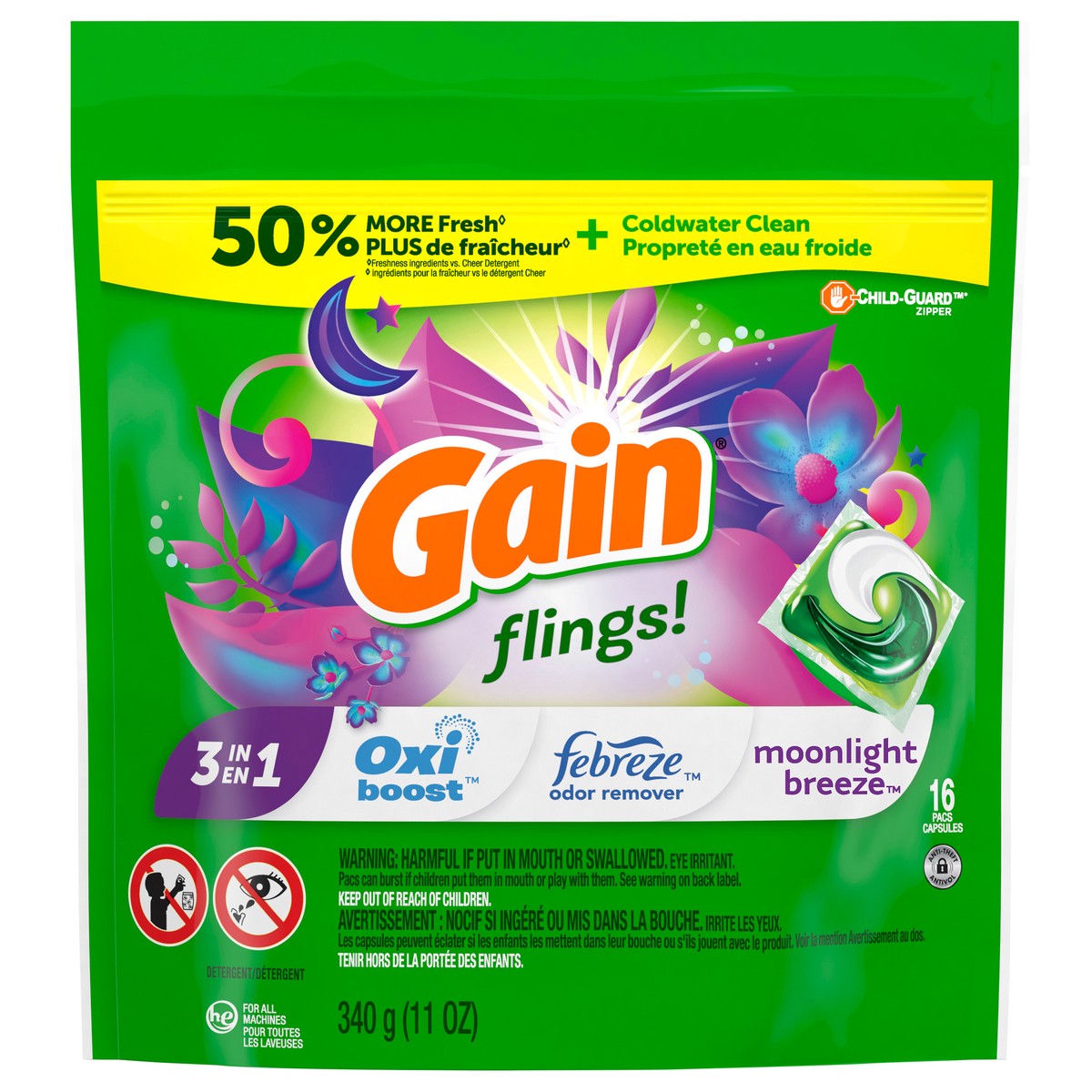 slide 1 of 6, Gain Flings Laundry Detergent Pacs, 16 Count, Moonlight Breeze Scent, with Odor Defense, concentrated laundry soap pacs, 16 ct