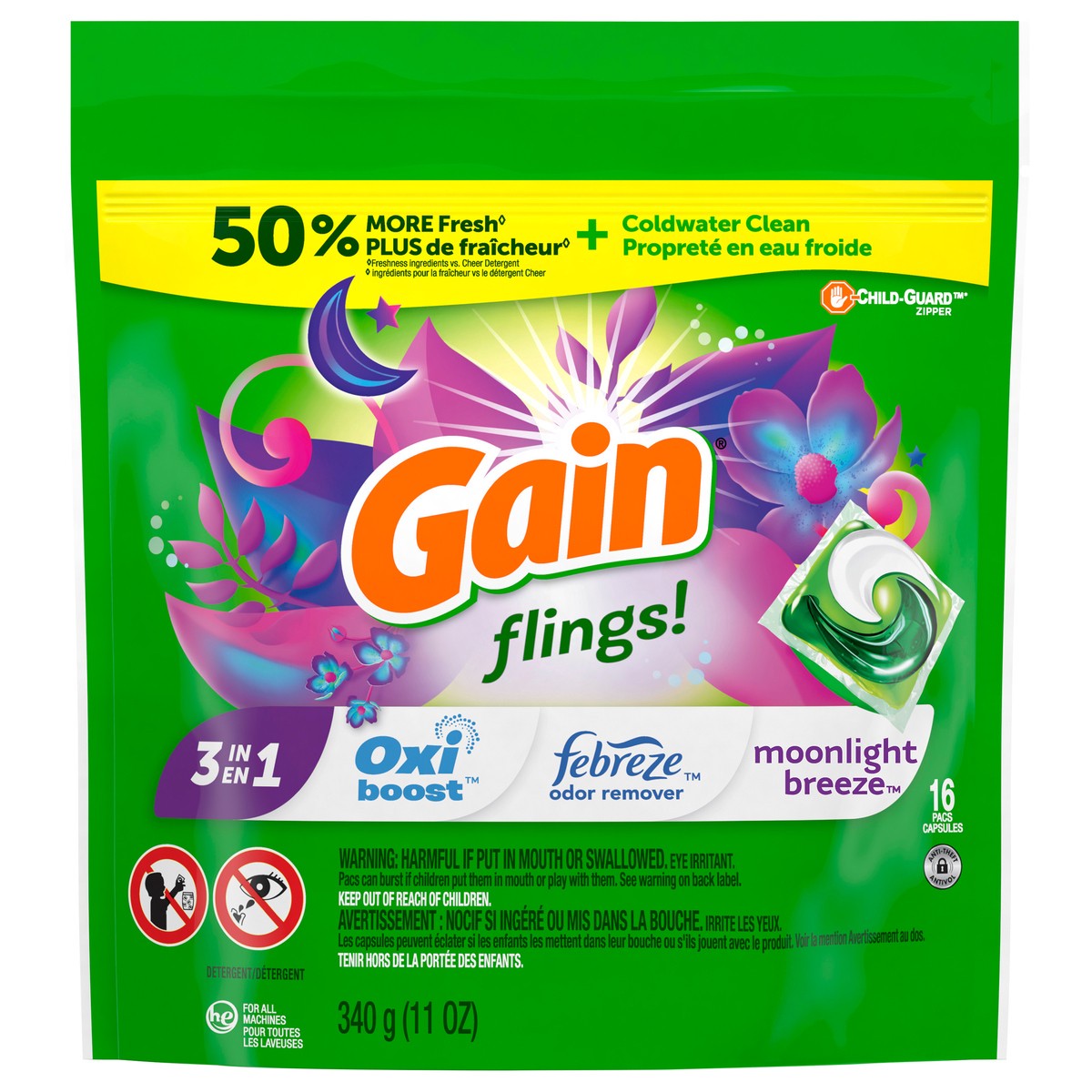 slide 1 of 6, Gain flings! Liquid Laundry Detergent Soap Pacs, HE Compatible, 16 Count, Long Lasting Scent, Moonlight Breeze Scent, 16 ct; 13 oz
